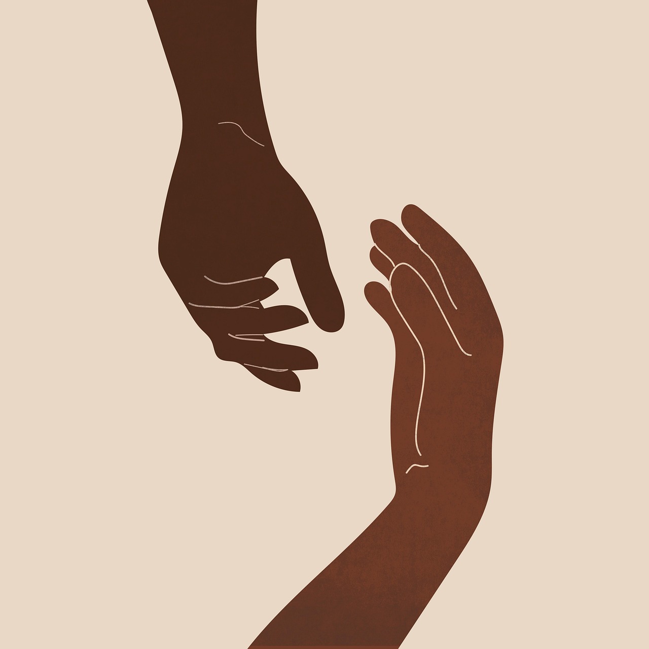 hands with two different brown skin tones reaching toward each other