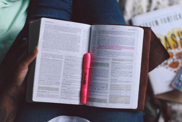 person reading a book with highlighter