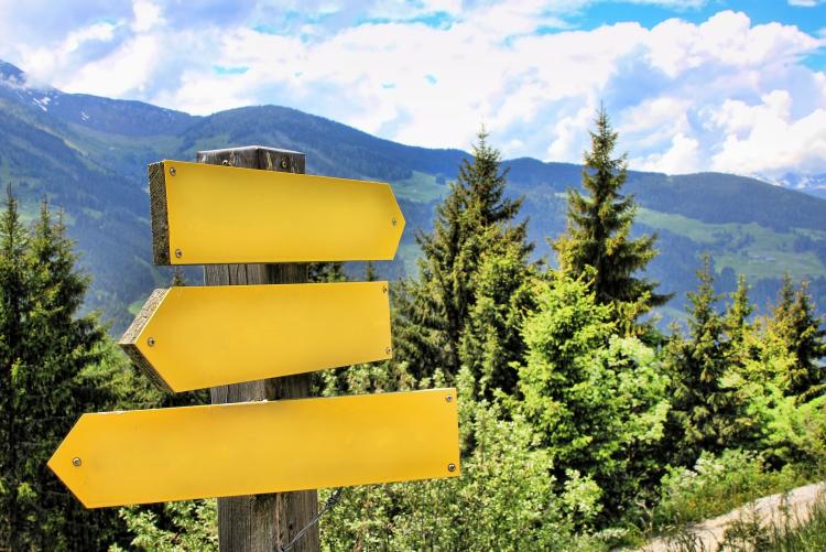 Directional signs in front of a mountain vista