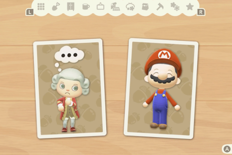 Animal Crossing player characters dressed up as Mozart and as Mario appear on a mockup of the Animal Crossing user interface.