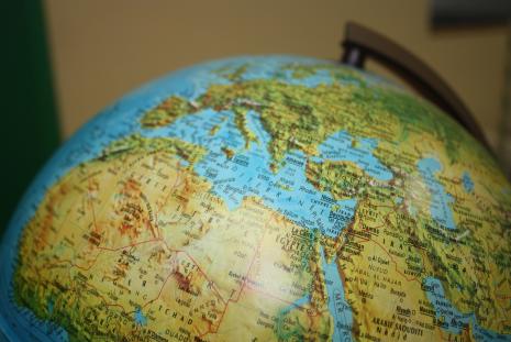 a photo of a globe centered around the Mediterranean Sea